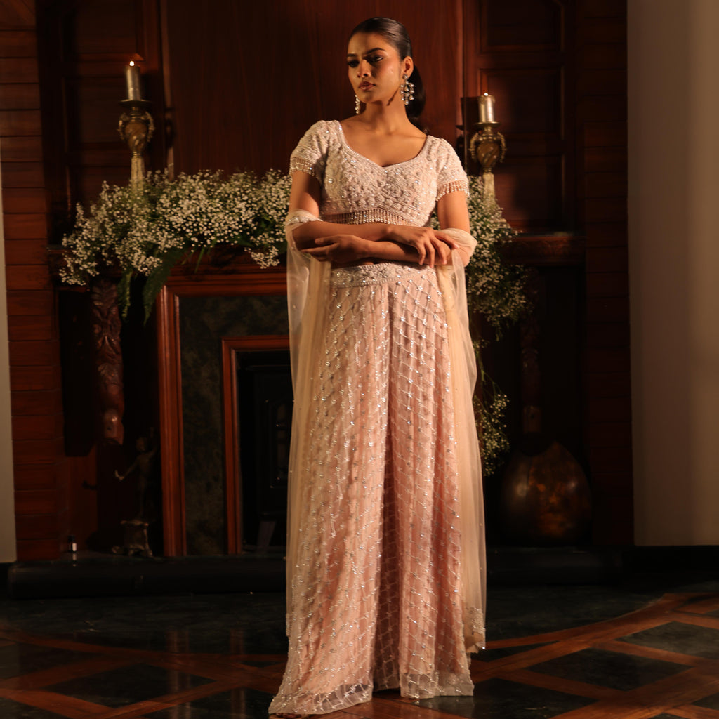 blush pink sharara white work