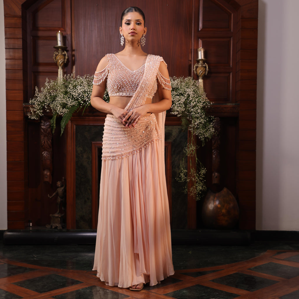 peach pearl crystal drape saree