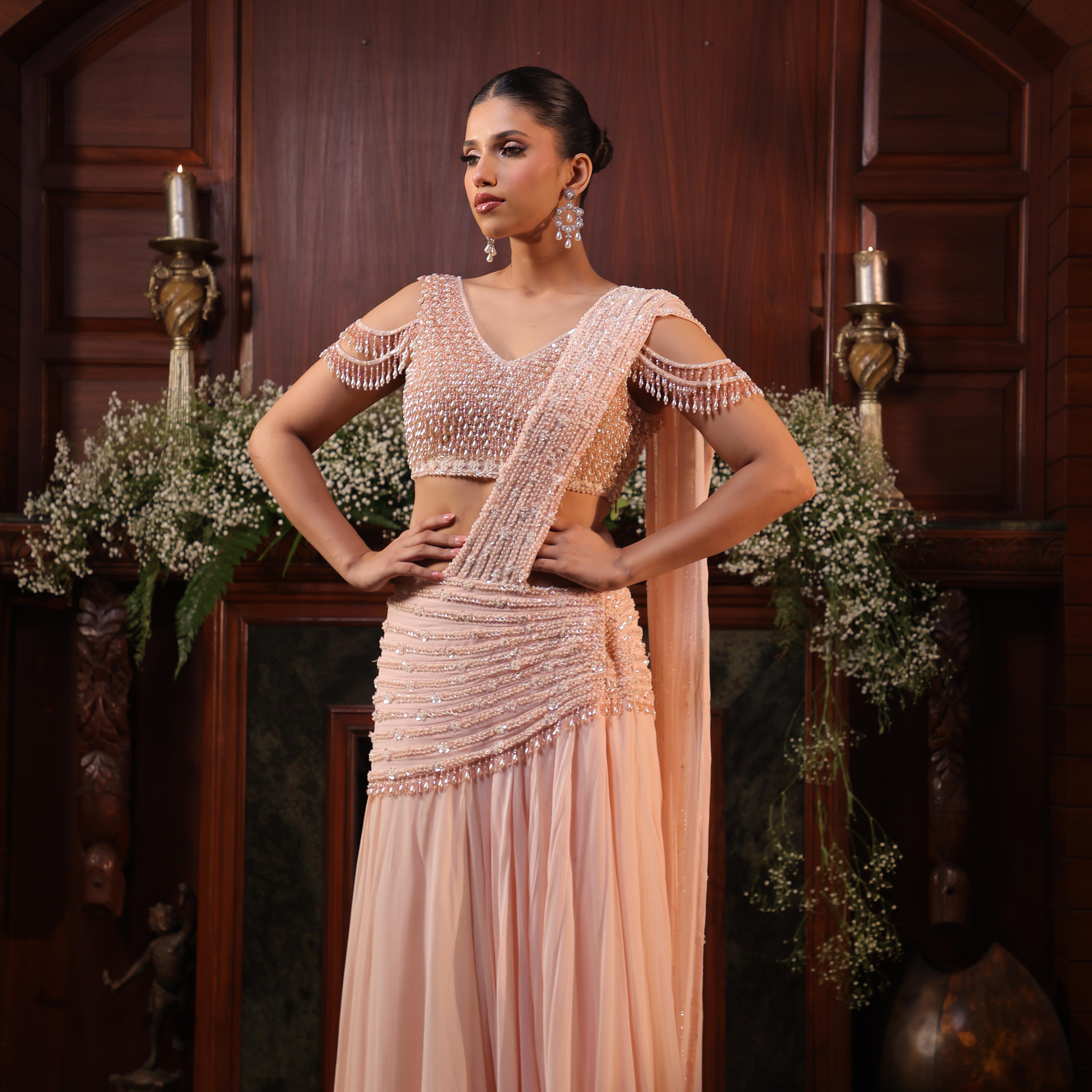 peach pearl crystal drape saree