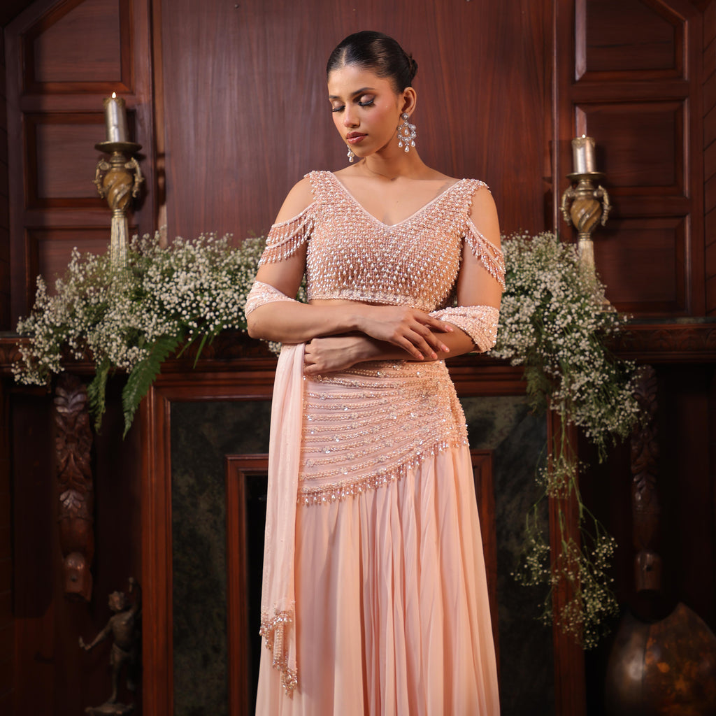 peach pearl crystal drape saree
