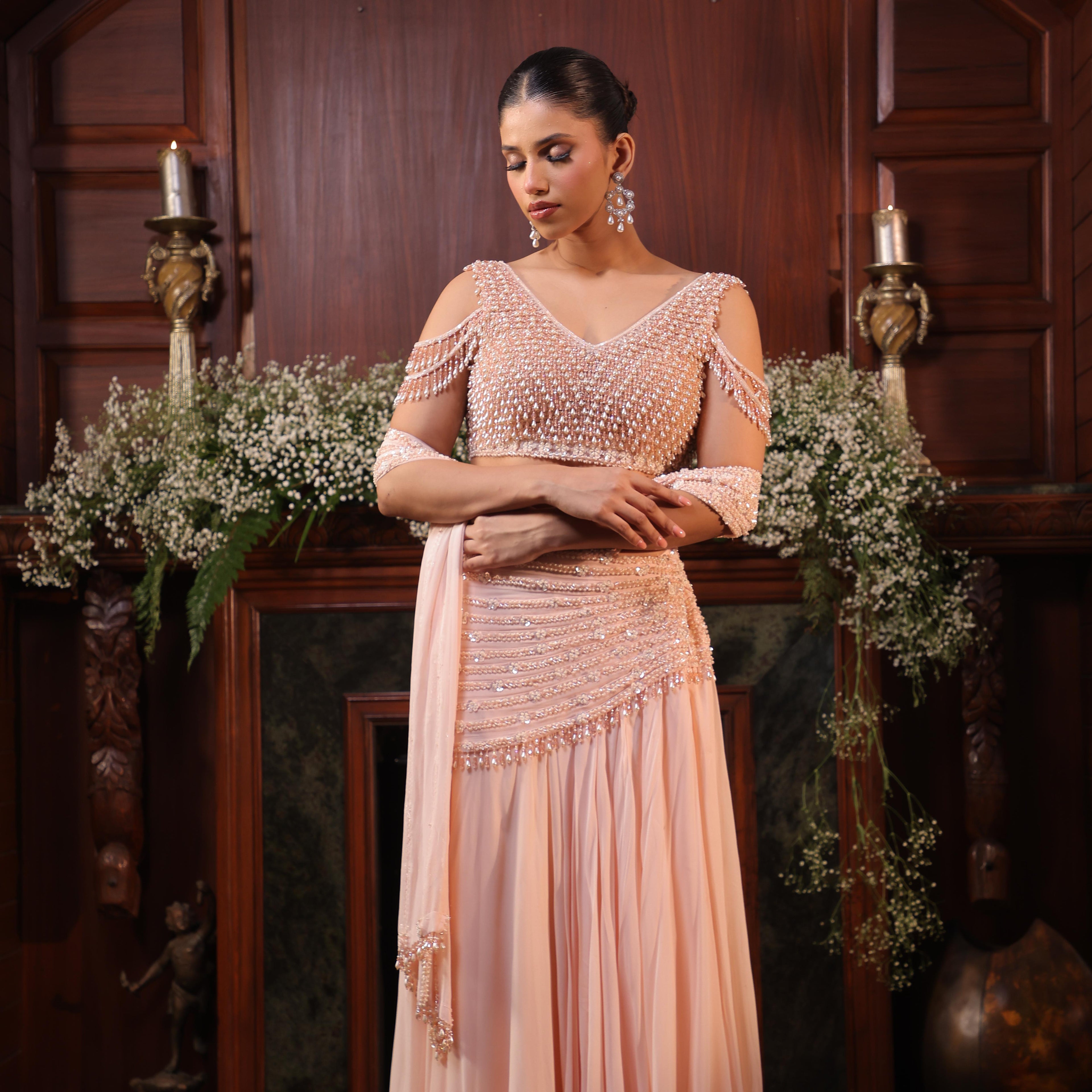 peach pearl crystal drape saree