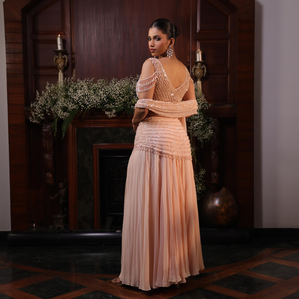 peach pearl crystal drape saree