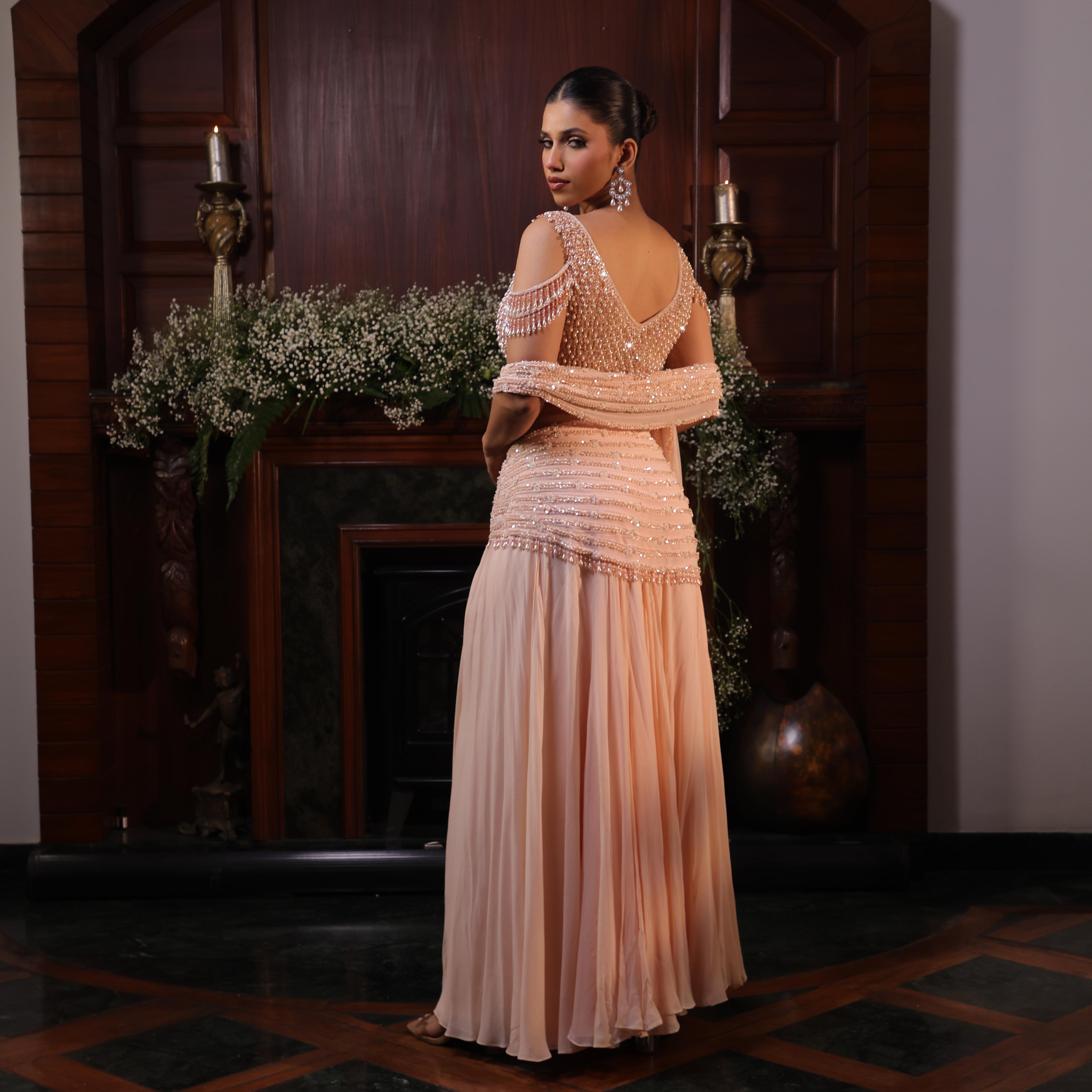 peach pearl crystal drape saree