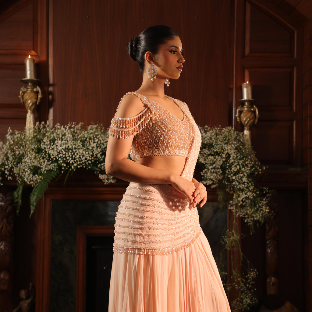 peach pearl crystal drape saree