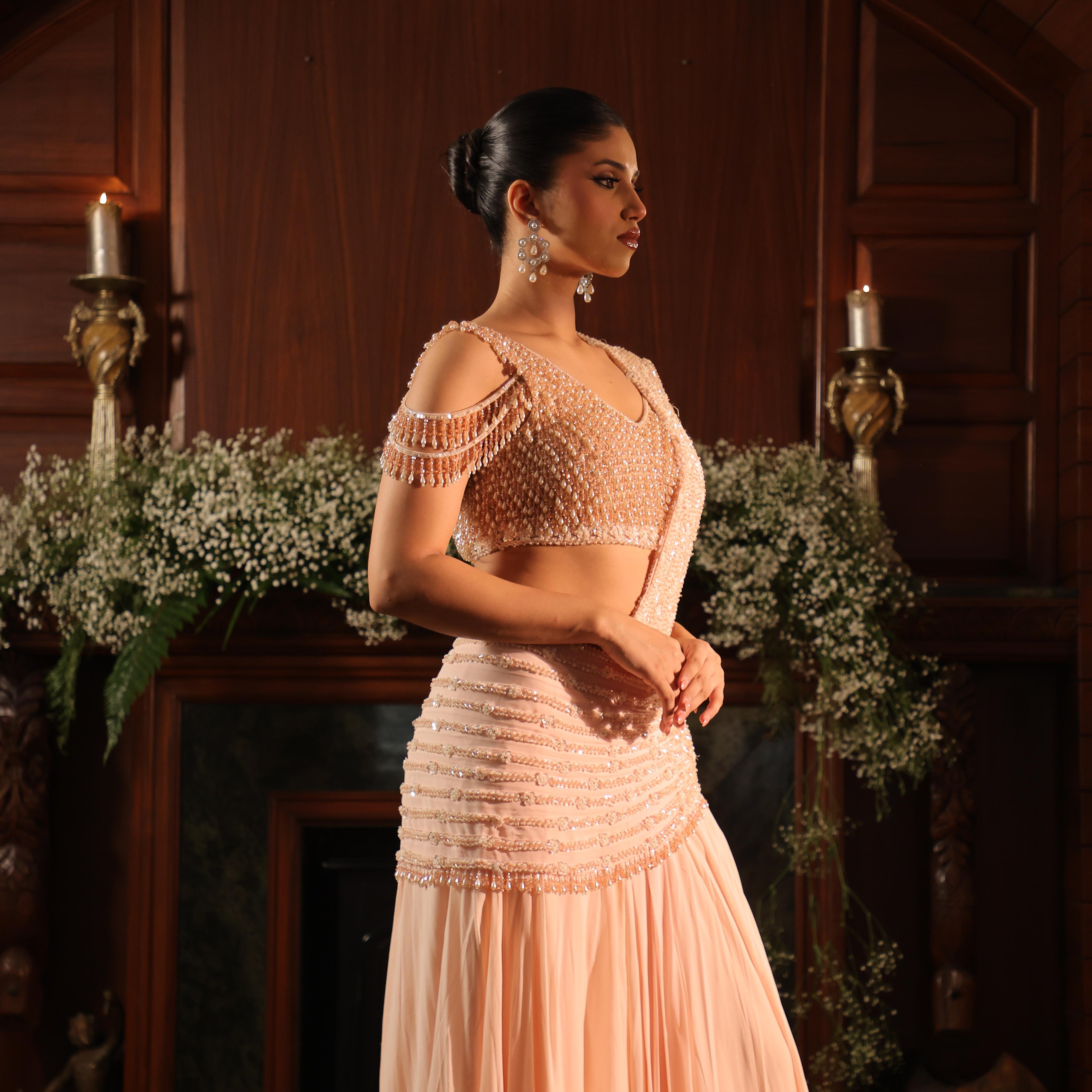 peach pearl crystal drape saree