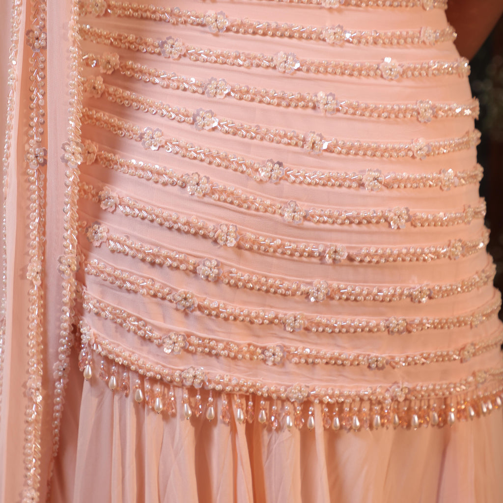 peach pearl crystal drape saree