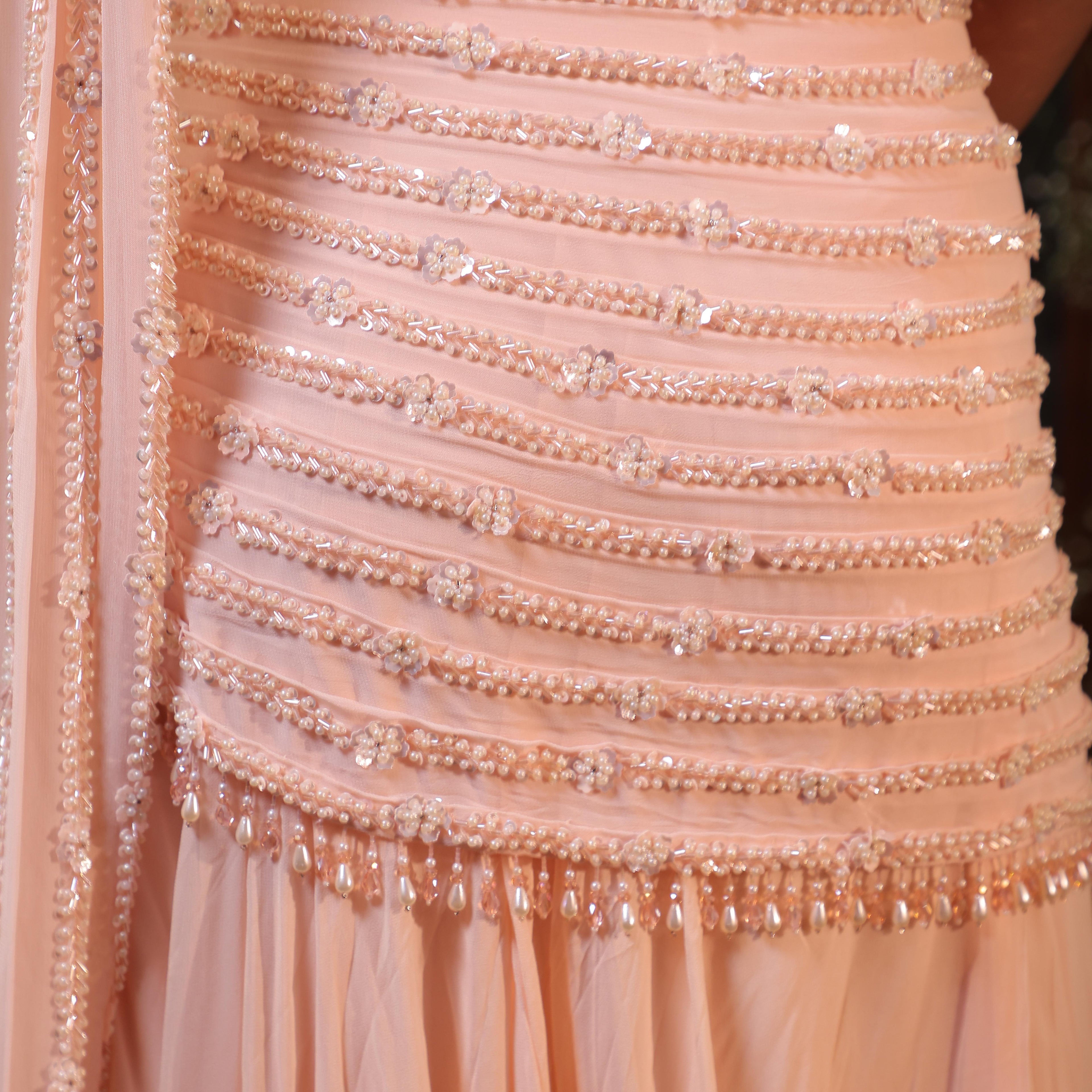 peach pearl crystal drape saree