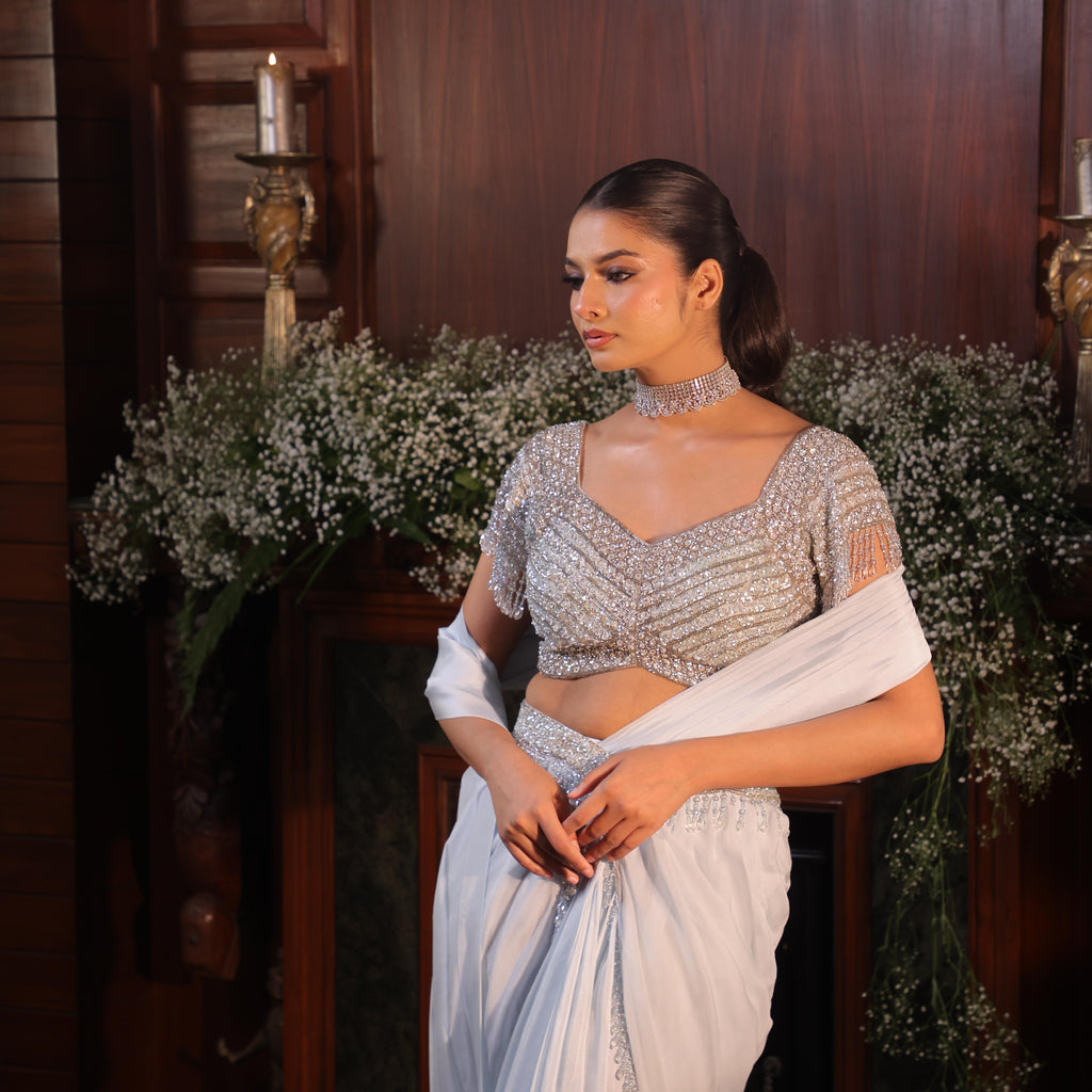 powder blue sequins katdana draoe saree