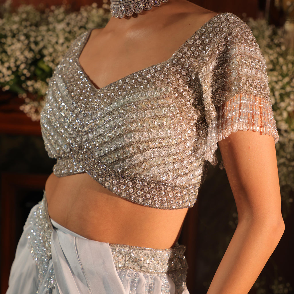 powder blue sequins katdana draoe saree