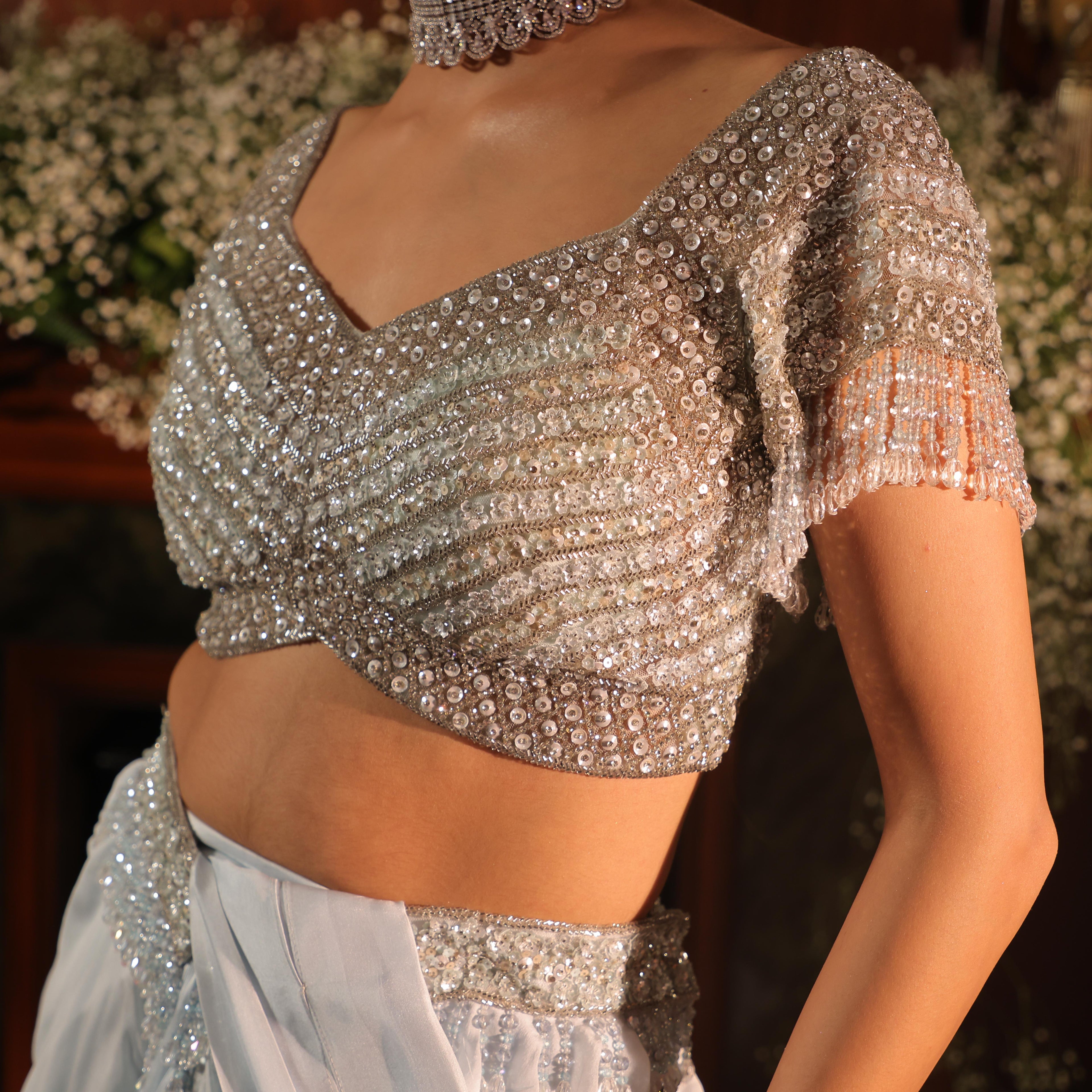 powder blue sequins katdana draoe saree