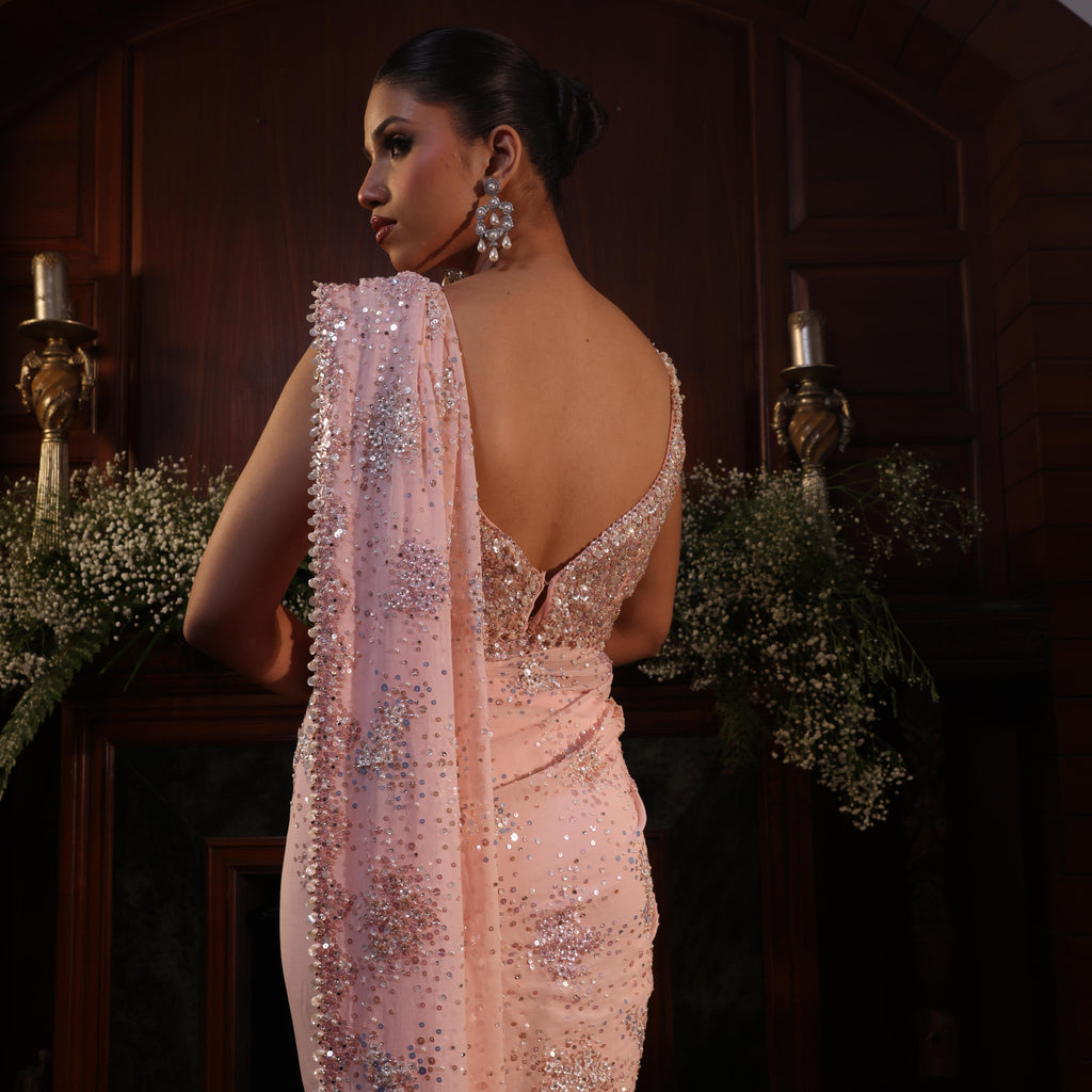 pink sequins spray saree