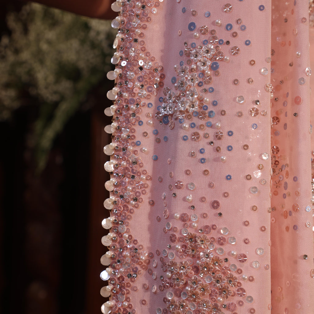 pink sequins spray saree