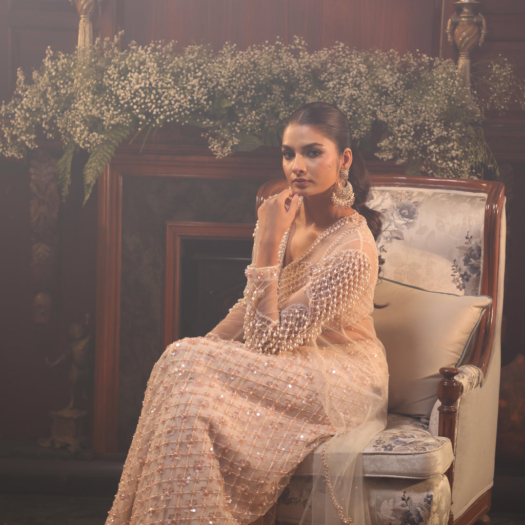 Coral peach katdana crystal and pearl sharara