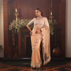 peach net flowers saree