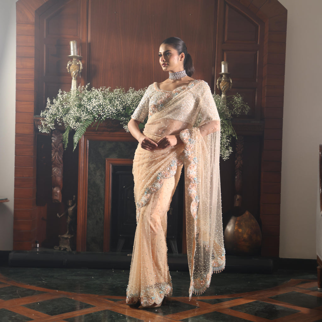 peach net flowers saree