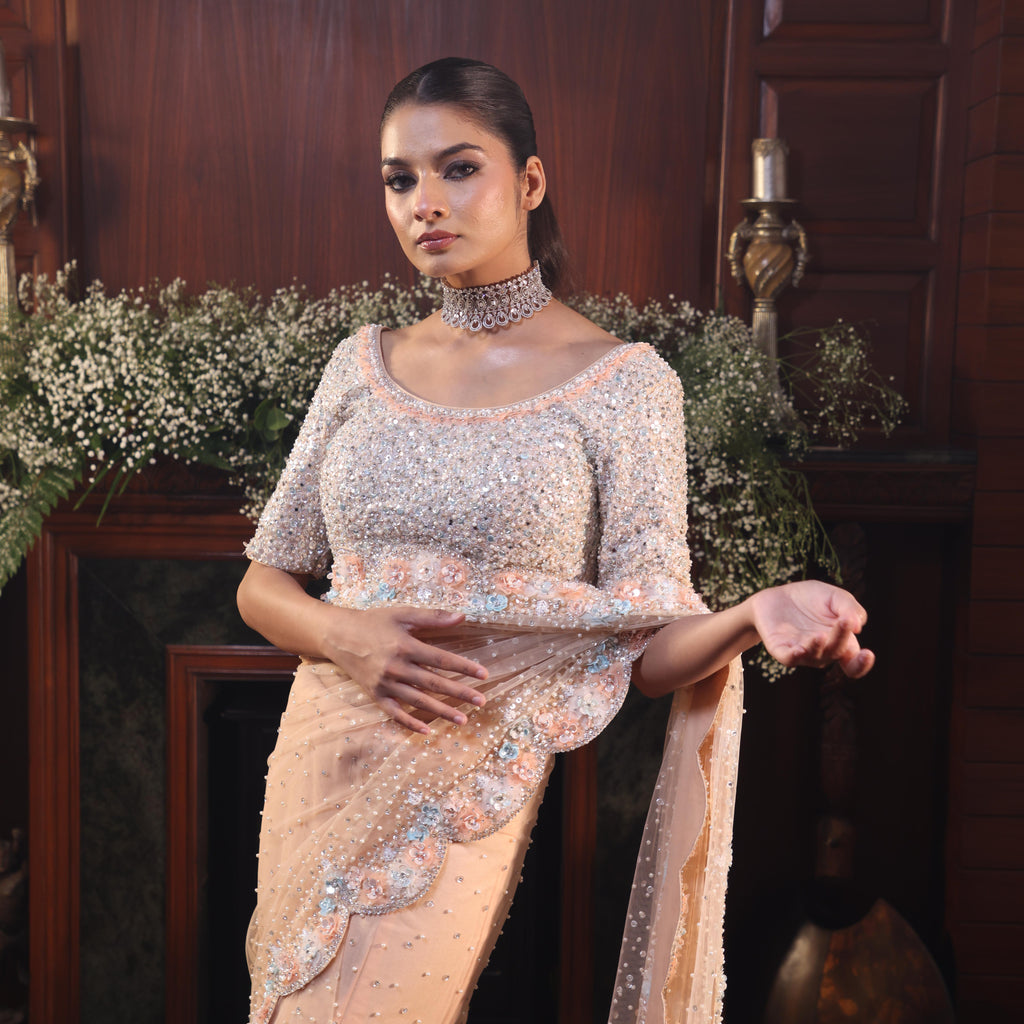 peach net flowers saree