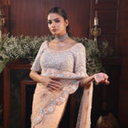 peach net flowers saree