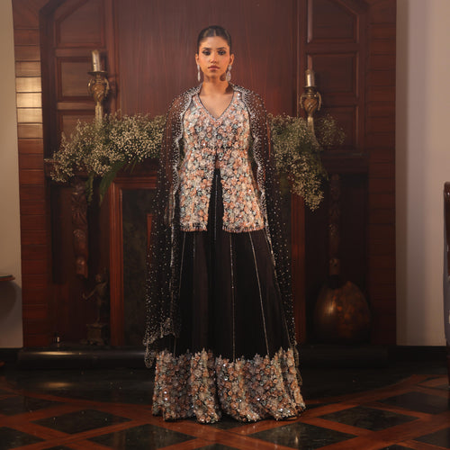 Black Net Sharara with Floral Embellishment