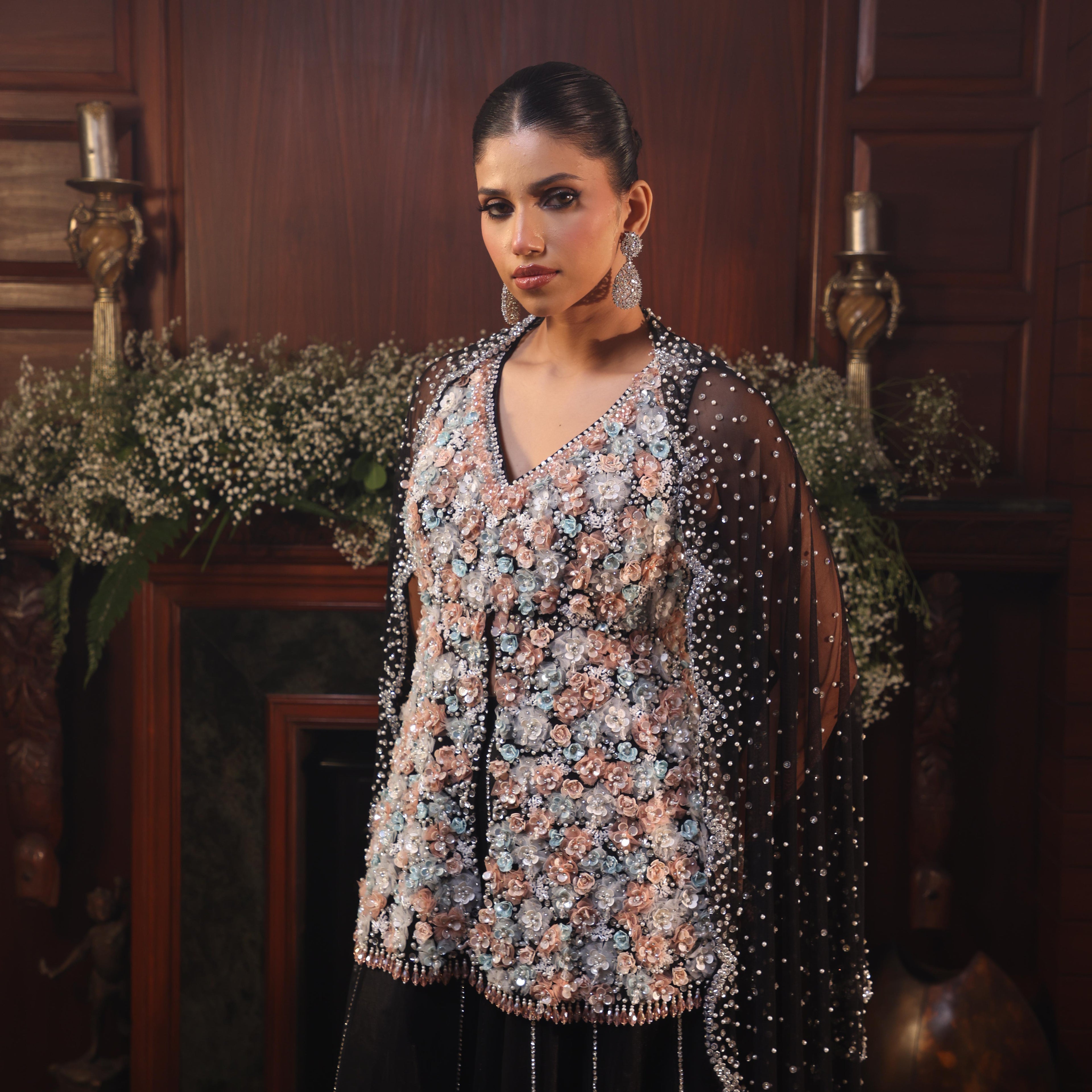 net flowers black sharara