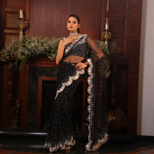 Black Net Saree with Floral Embellishment