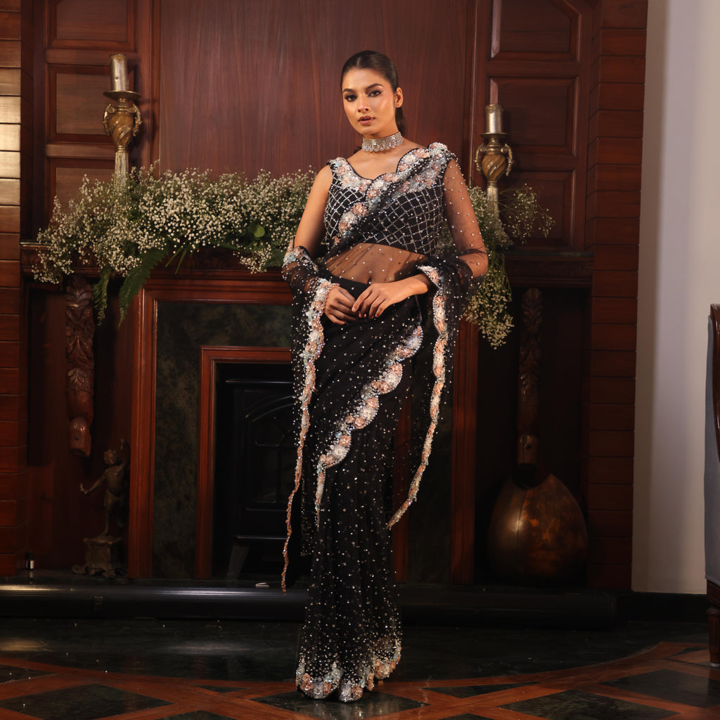 black net flowers saree