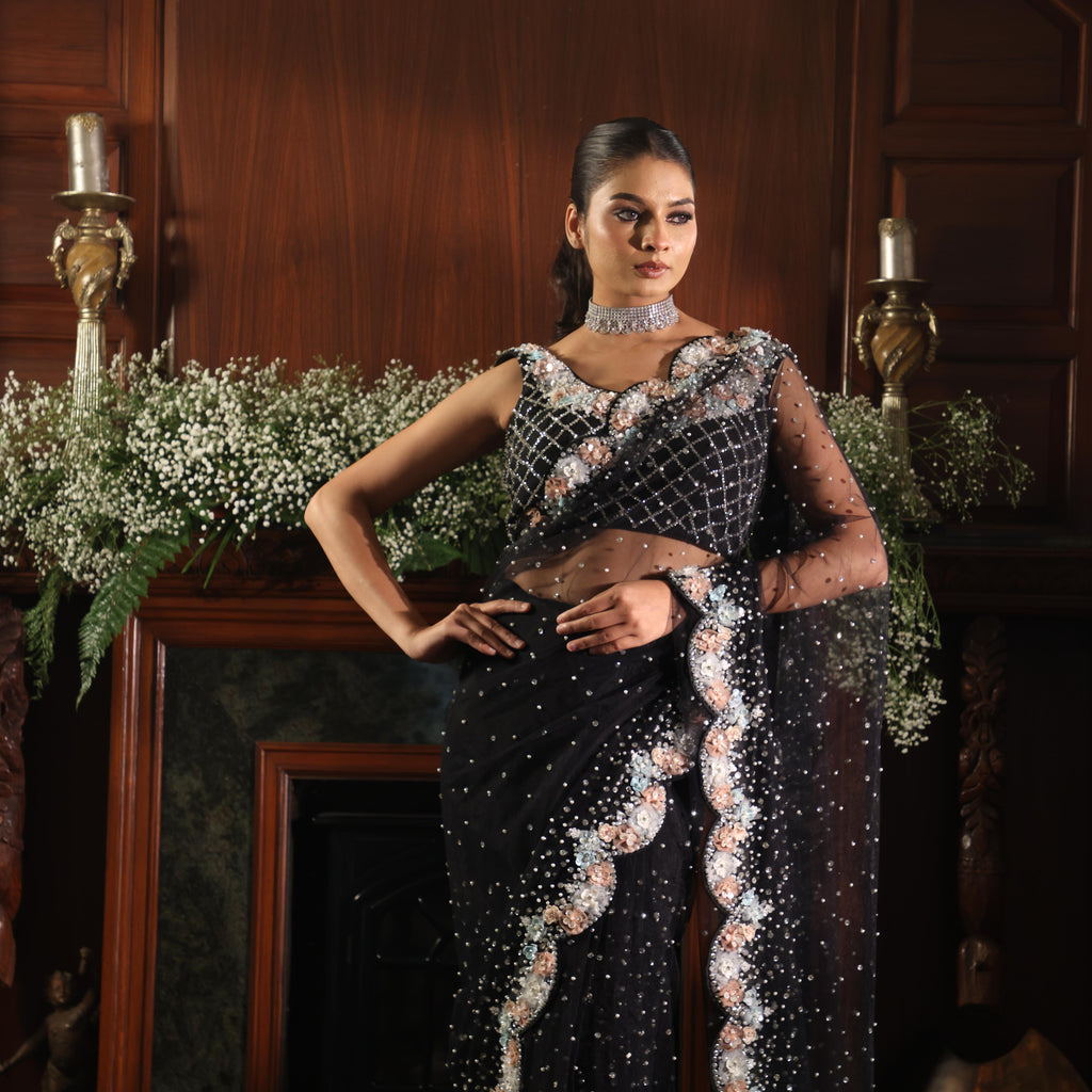 black net flowers saree
