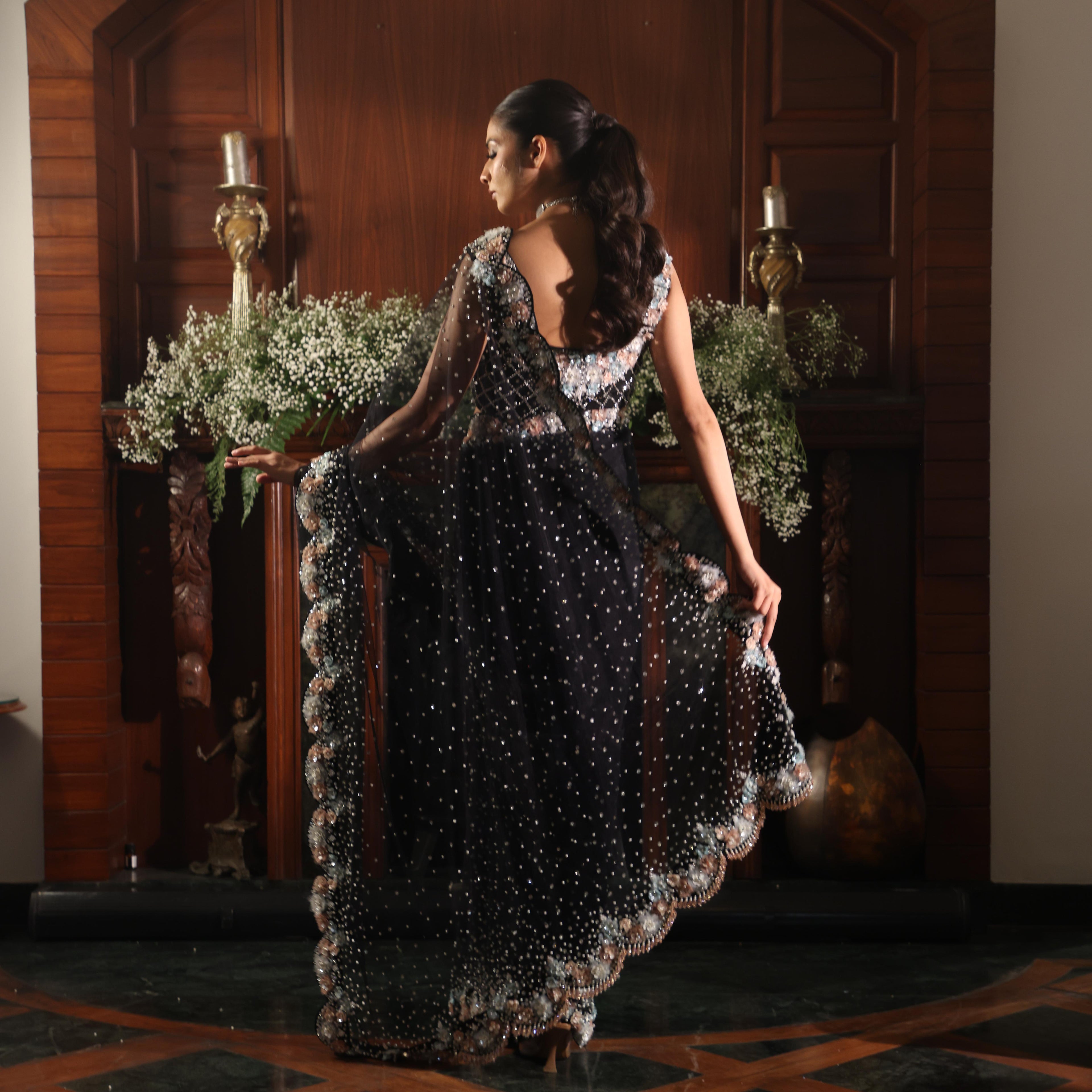 black net flowers saree