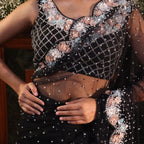 black net flowers saree