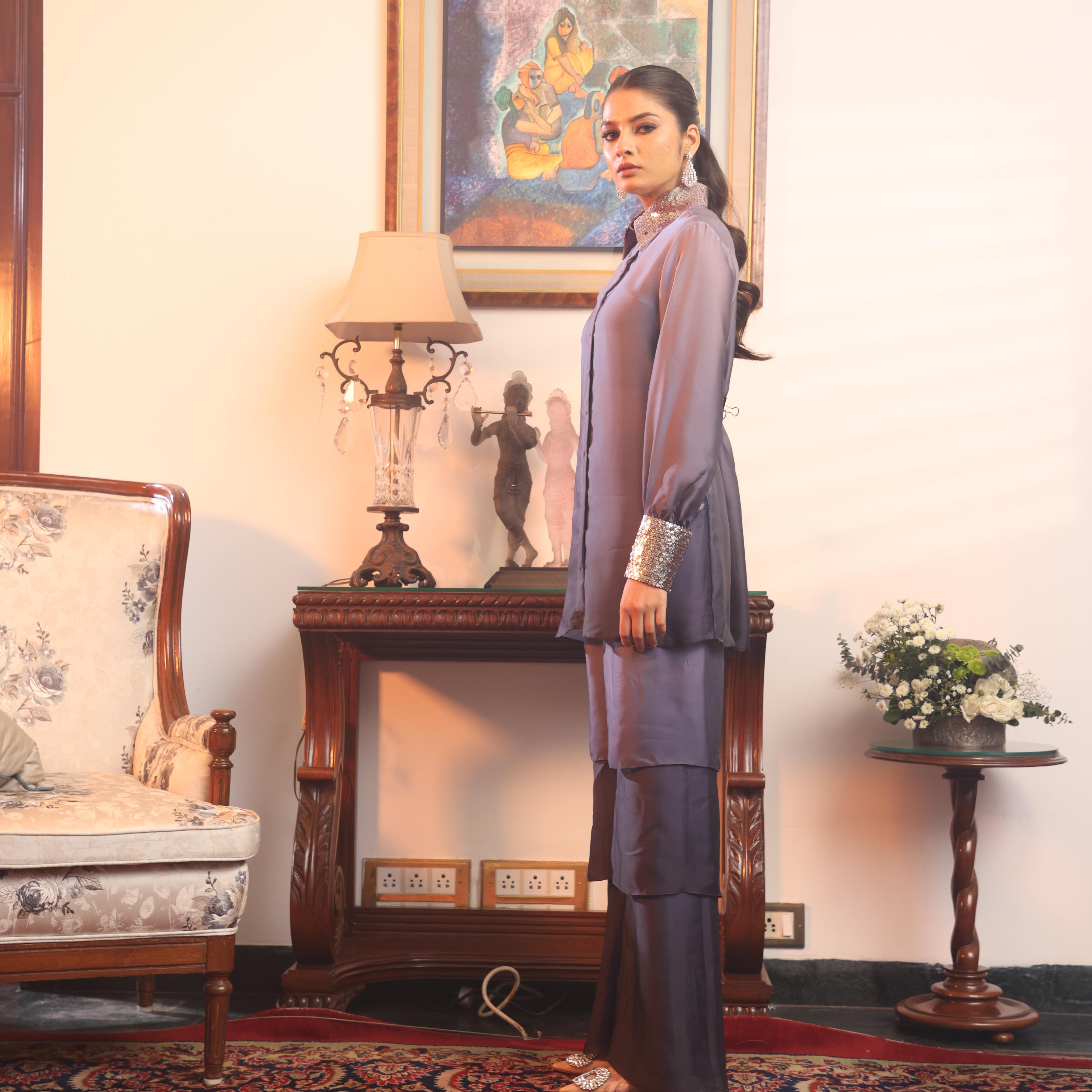 grey sequind collar coord set