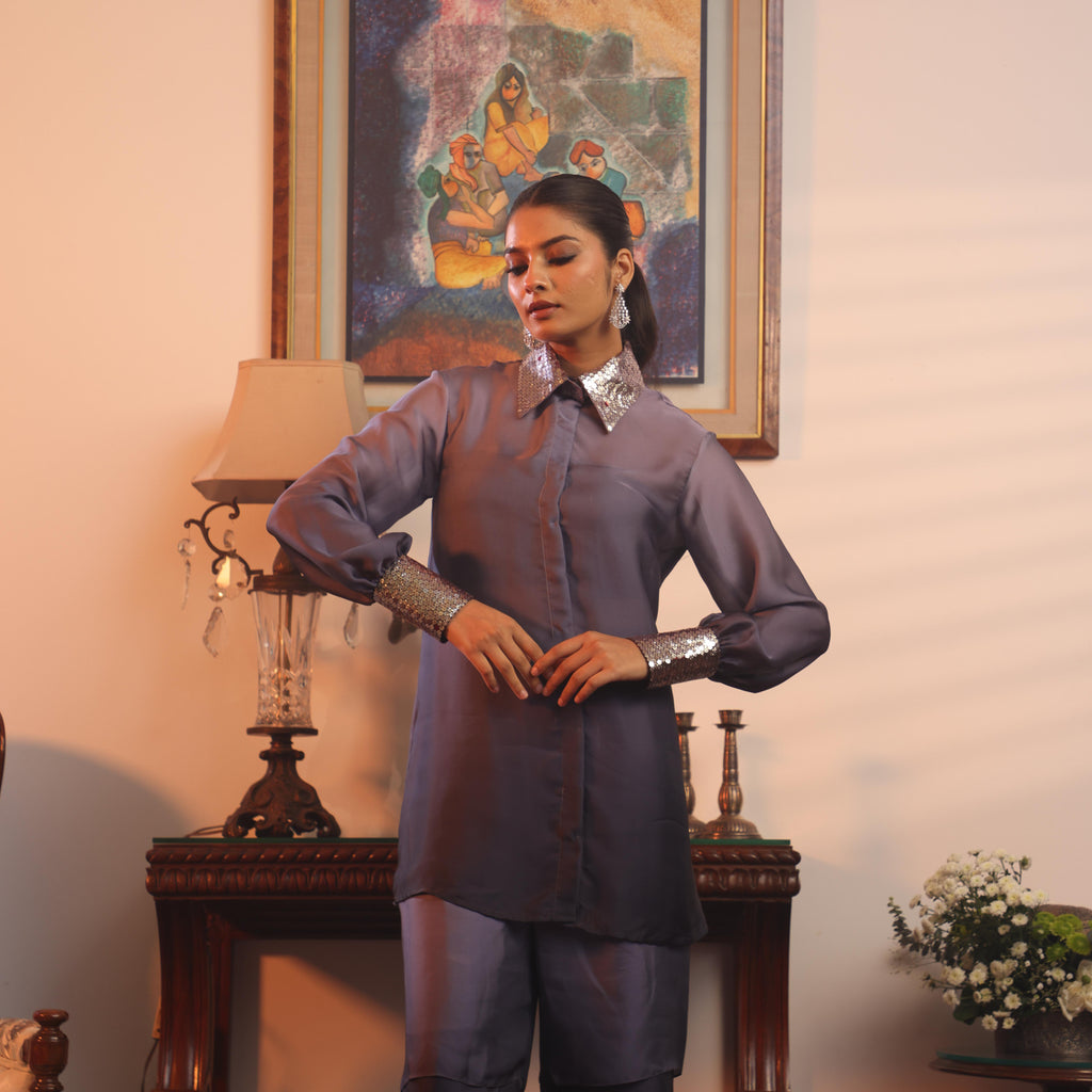 grey sequind collar coord set