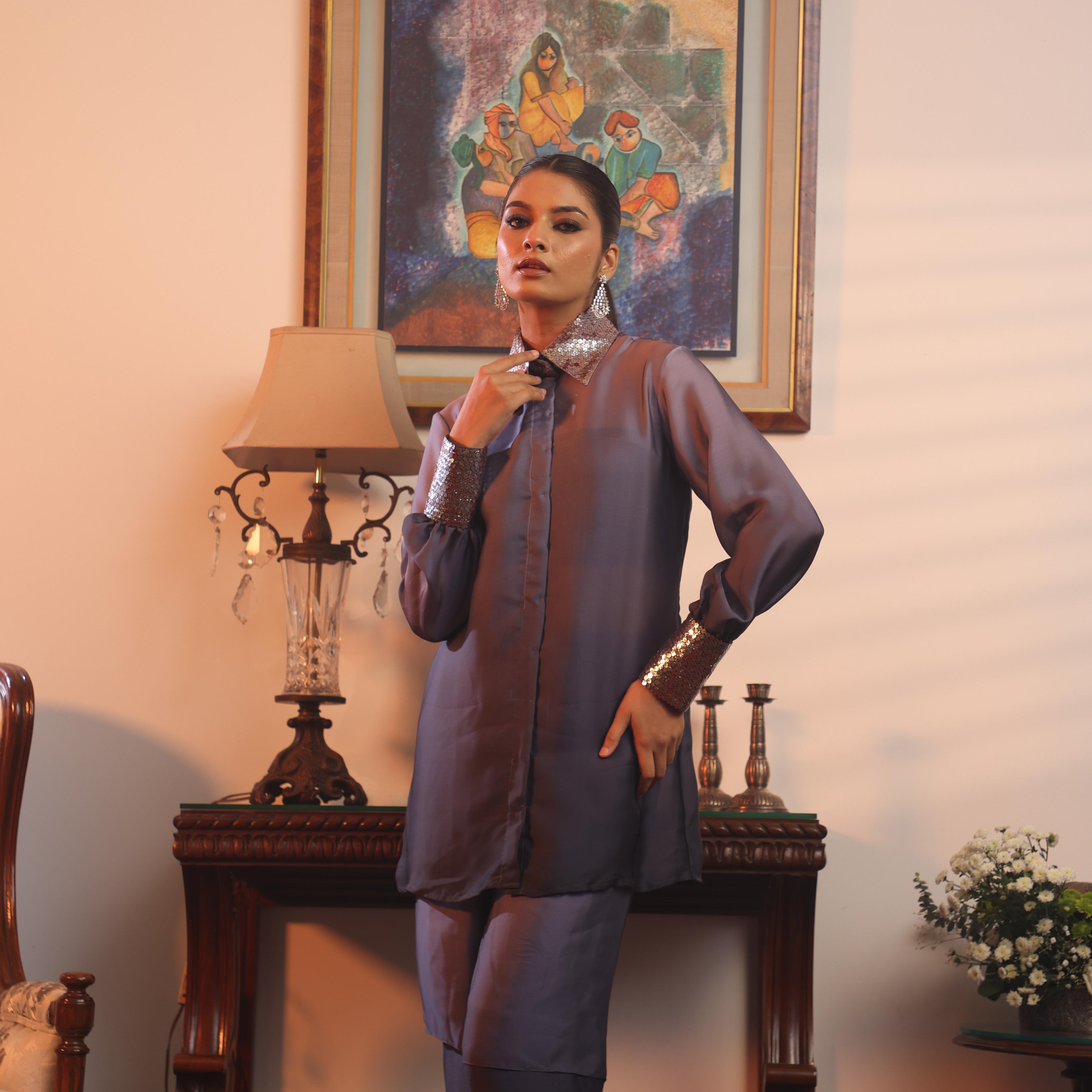 grey sequind collar coord set