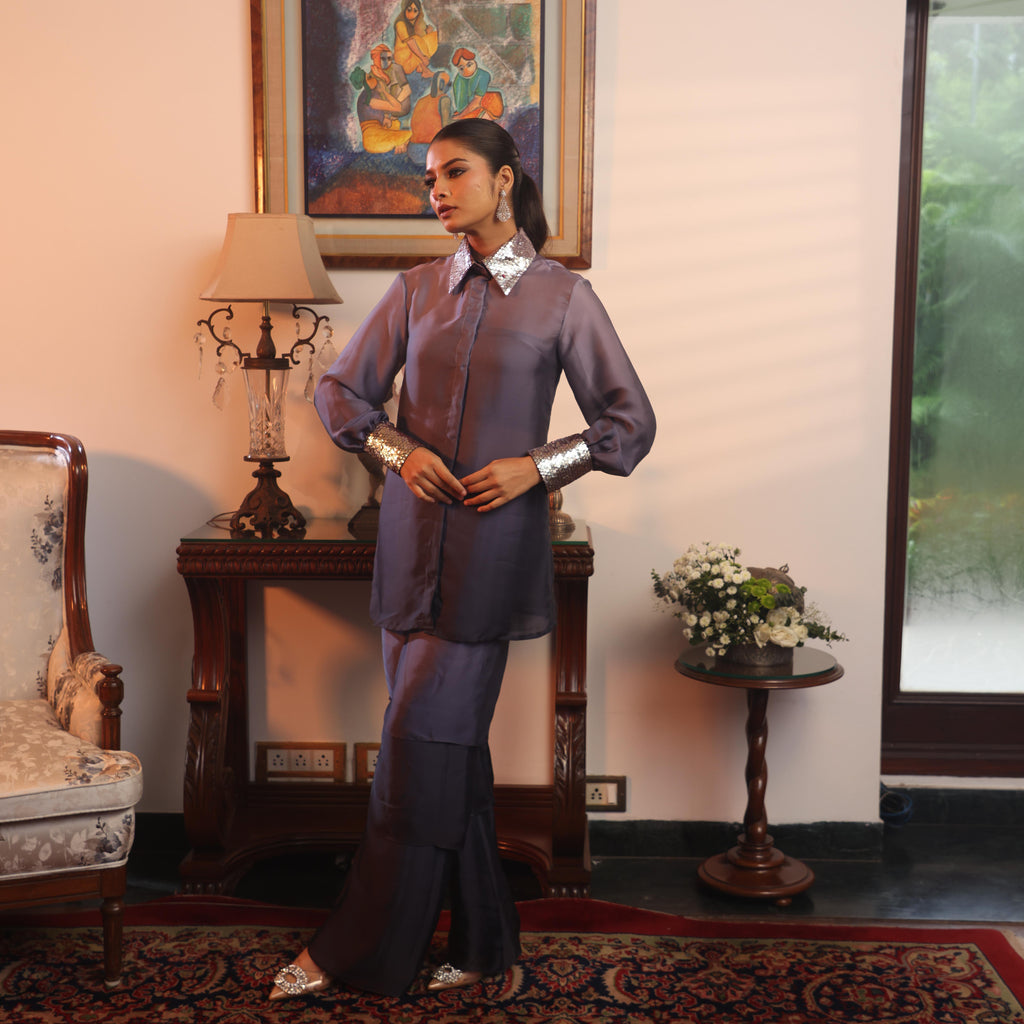grey sequind collar coord set