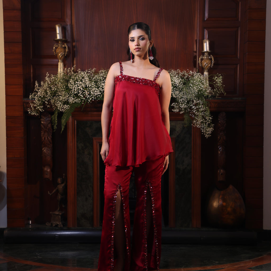red straps sequins coord set