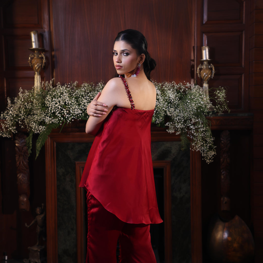red straps sequins coord set
