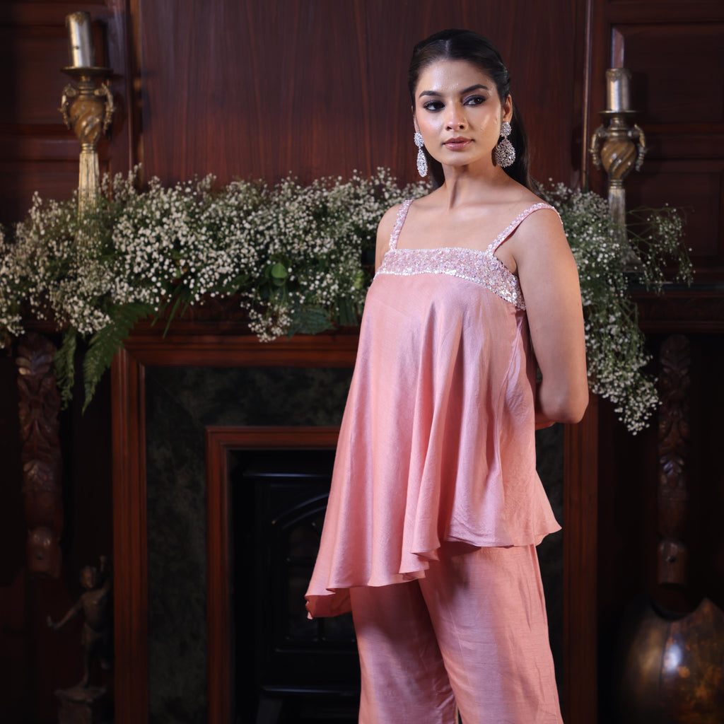 blush pink sequins strape coord set