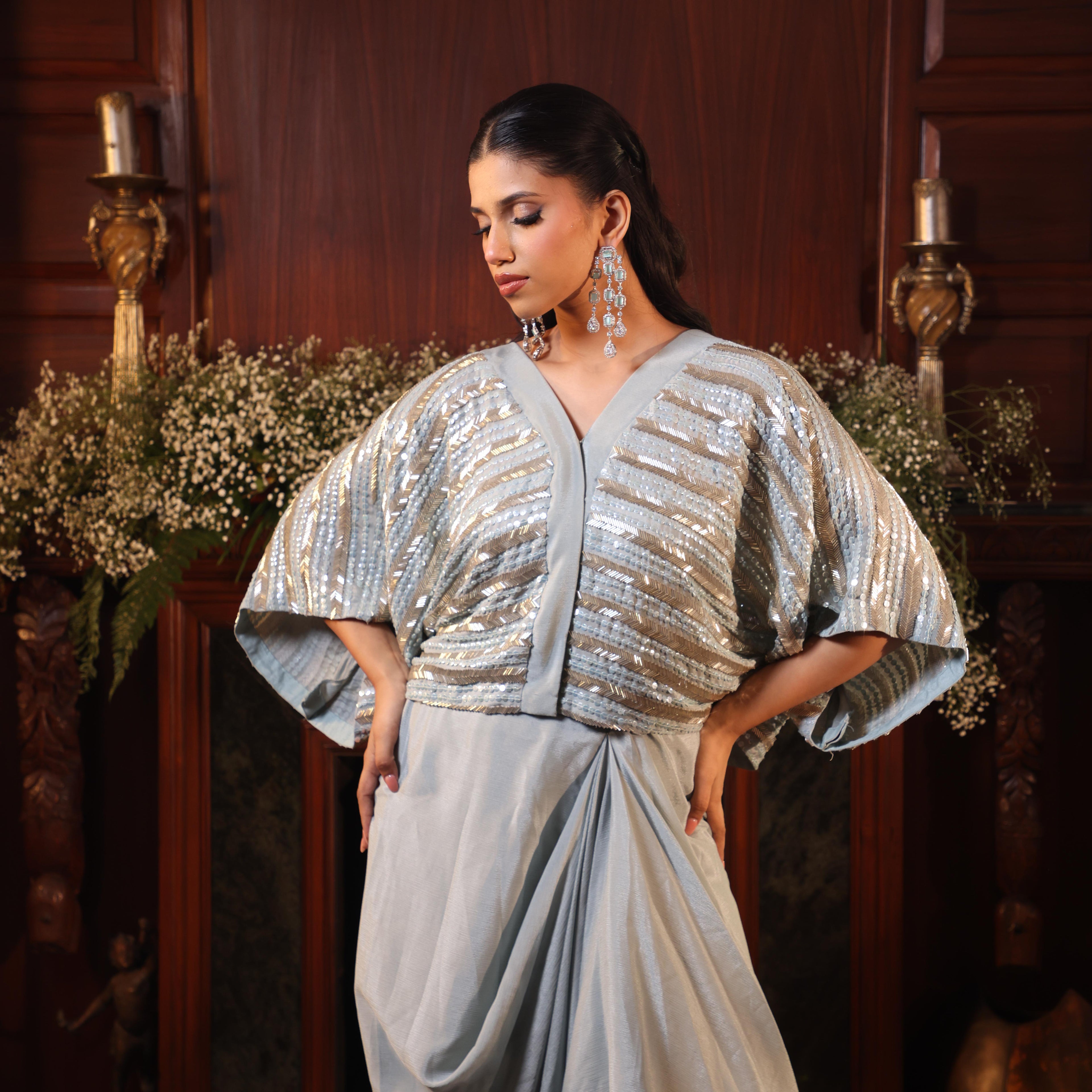sequins katdana powder blue tunic with drape skirt