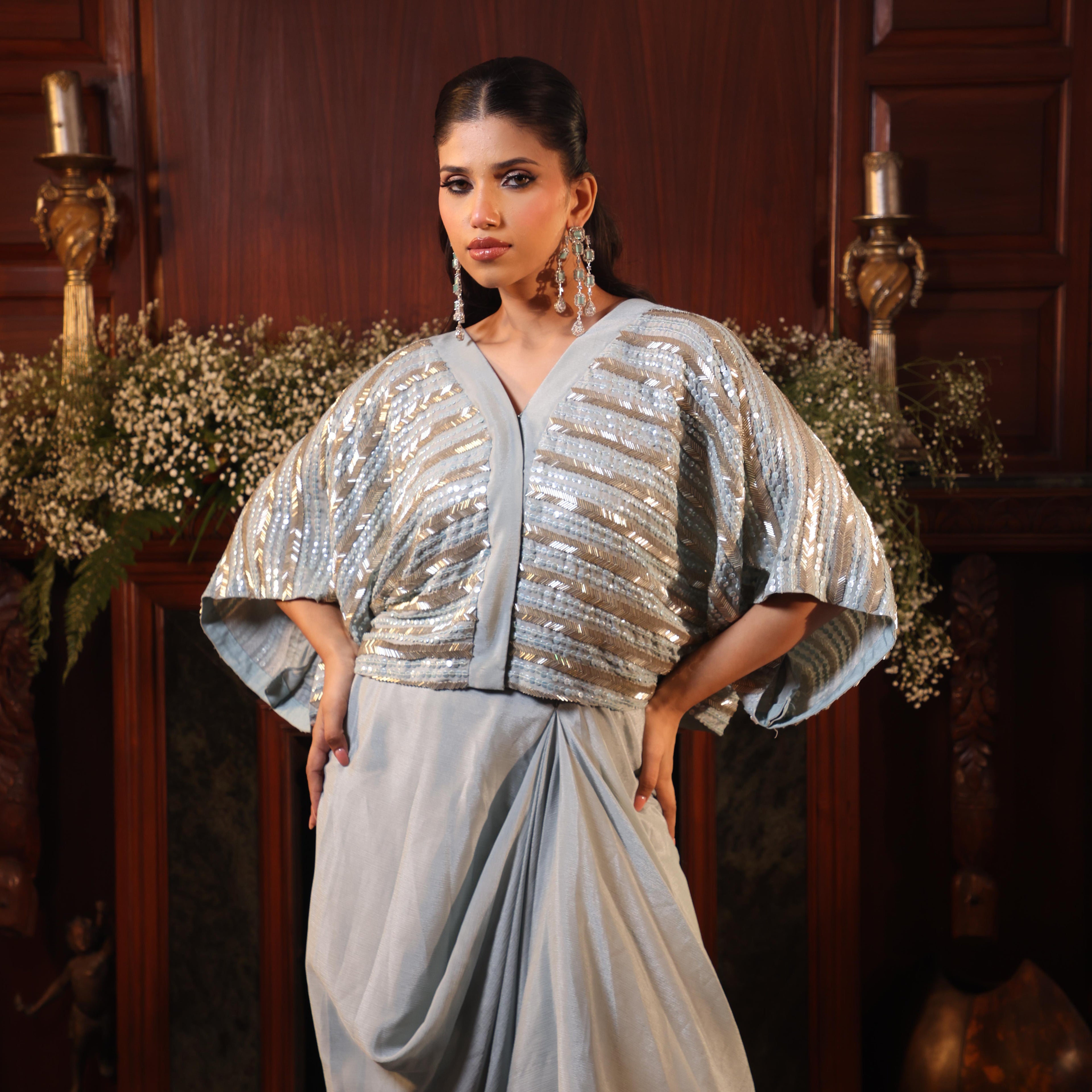 sequins katdana powder blue tunic with drape skirt