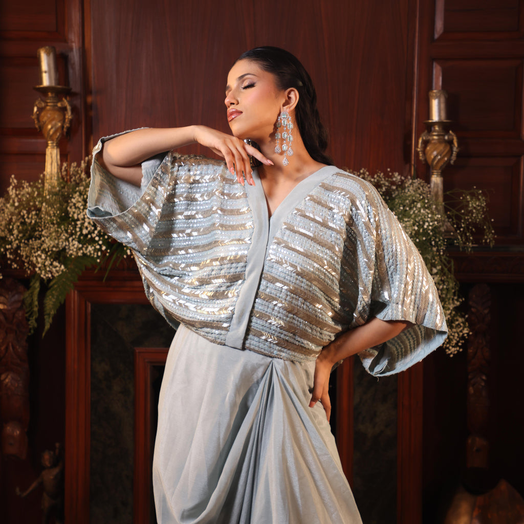 sequins katdana powder blue tunic with drape skirt