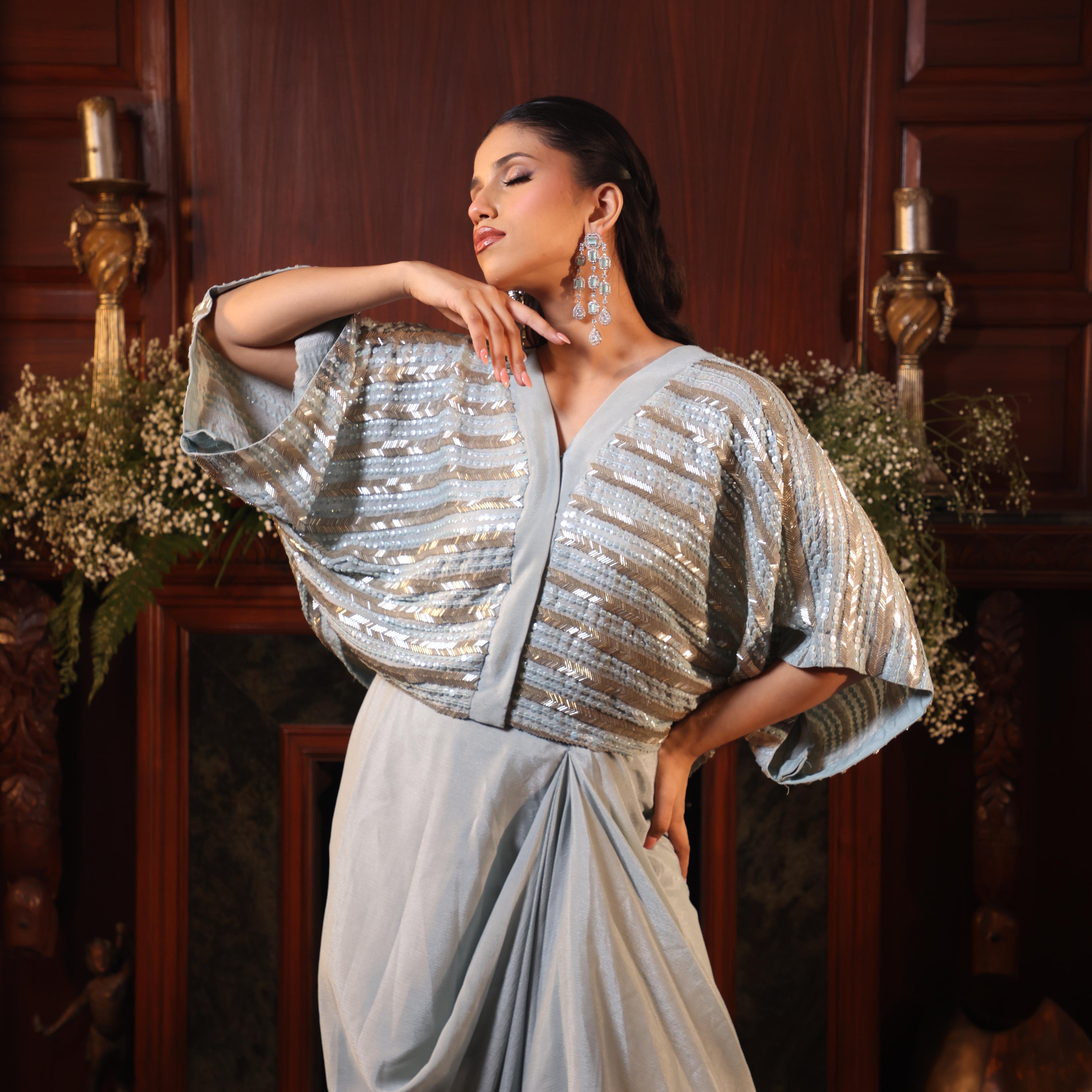 sequins katdana powder blue tunic with drape skirt