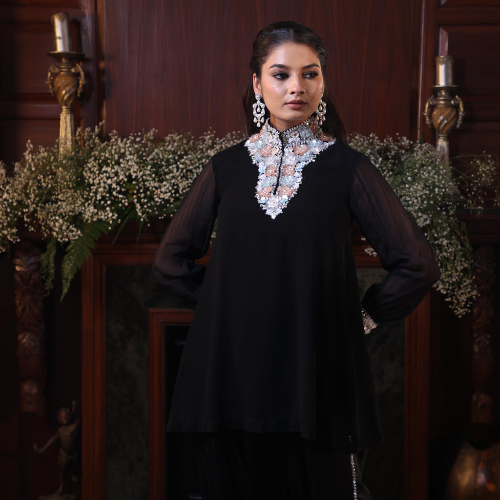 black net flowers kurta sert coord set