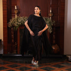 black tunic sequins cape with drape skirt