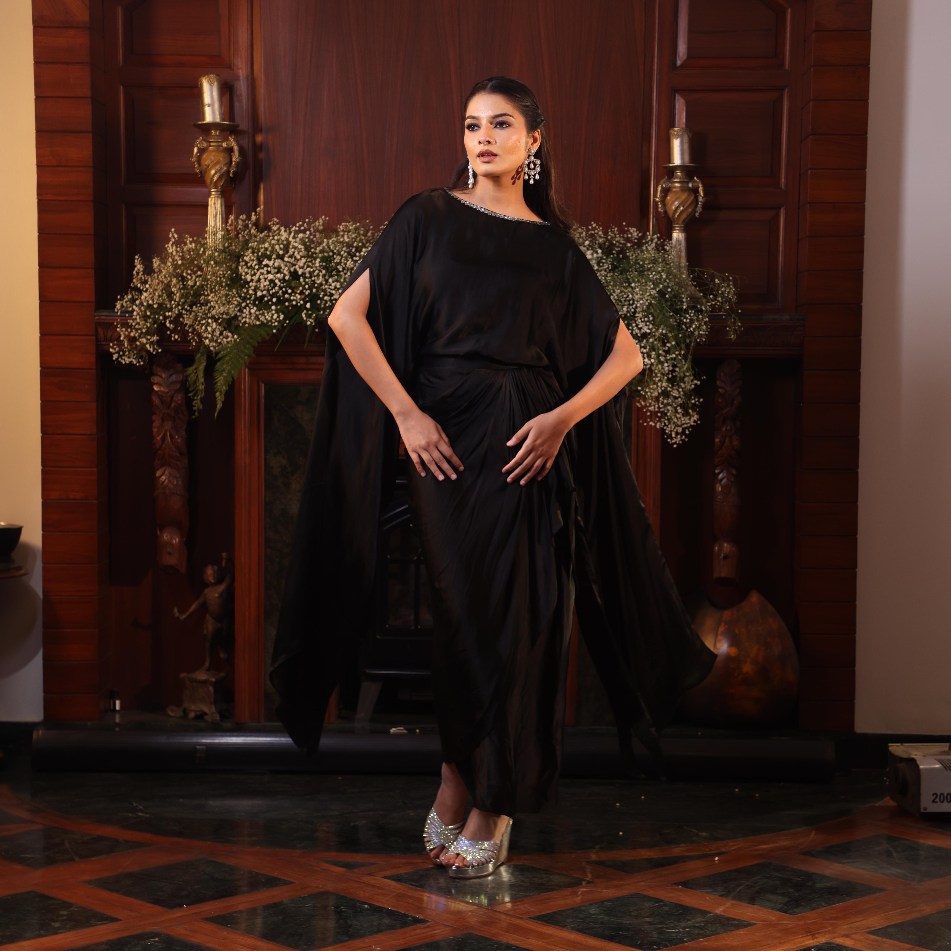 black tunic sequins cape with drape skirt