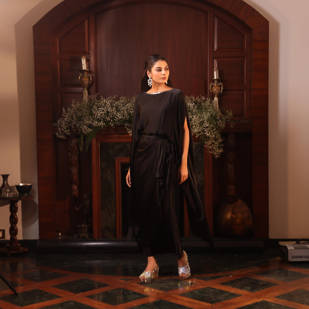 black tunic sequins cape with drape skirt
