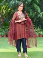 Sehr | Maroon Crushed Tissue Kurta Set