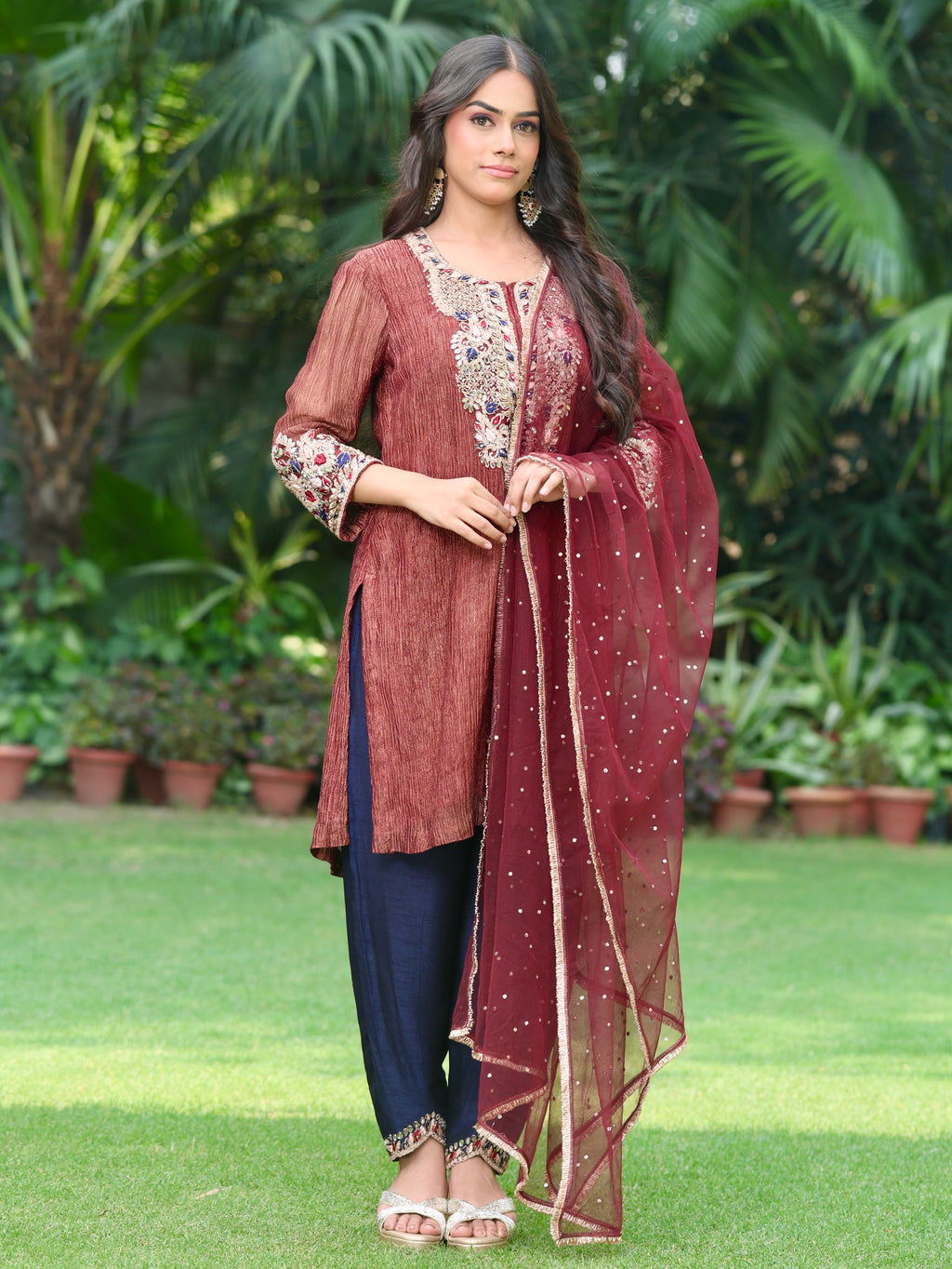 Sehr | Maroon Crushed Tissue Kurta Set