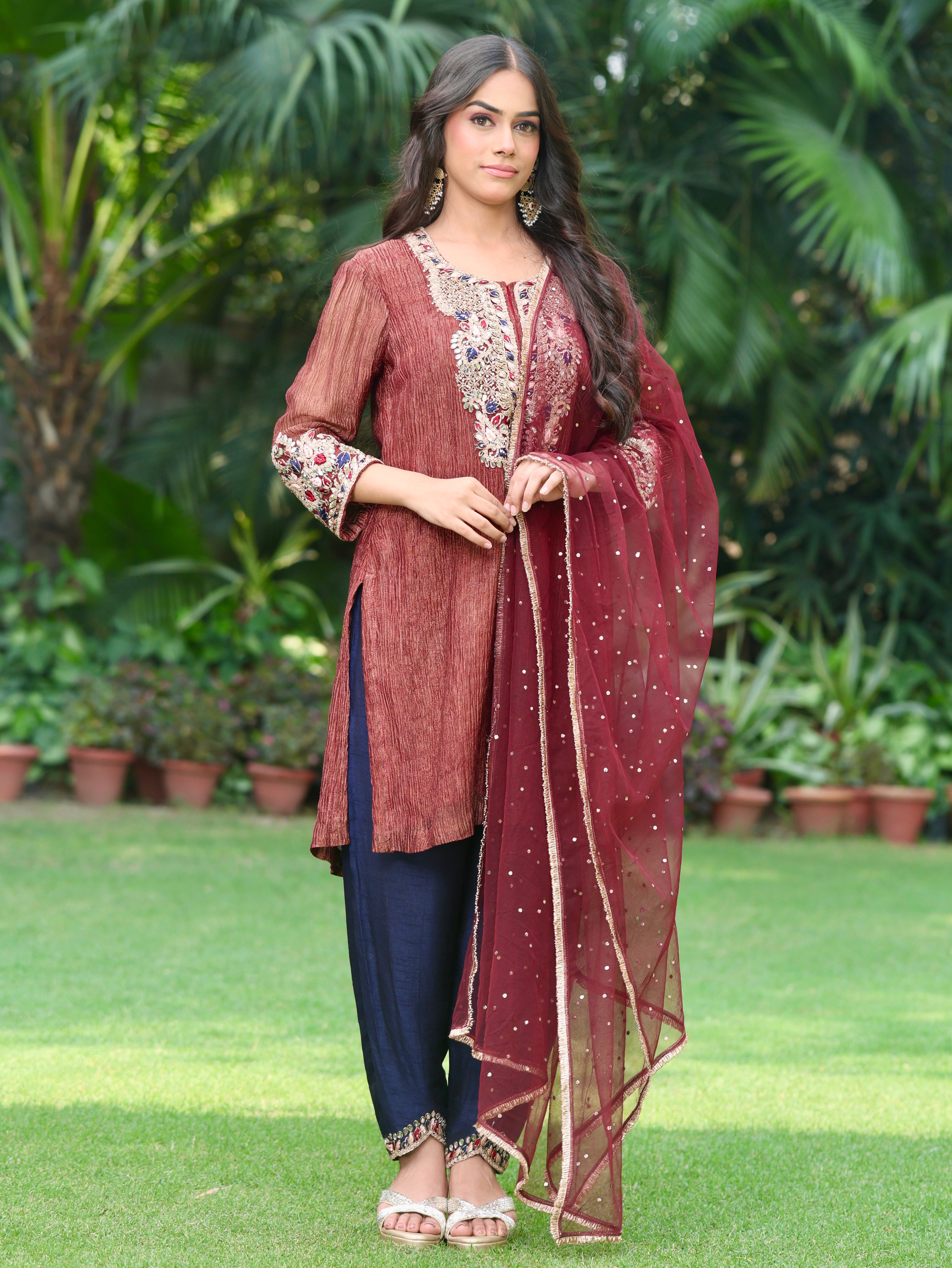Sehr | Maroon Crushed Tissue Kurta Set
