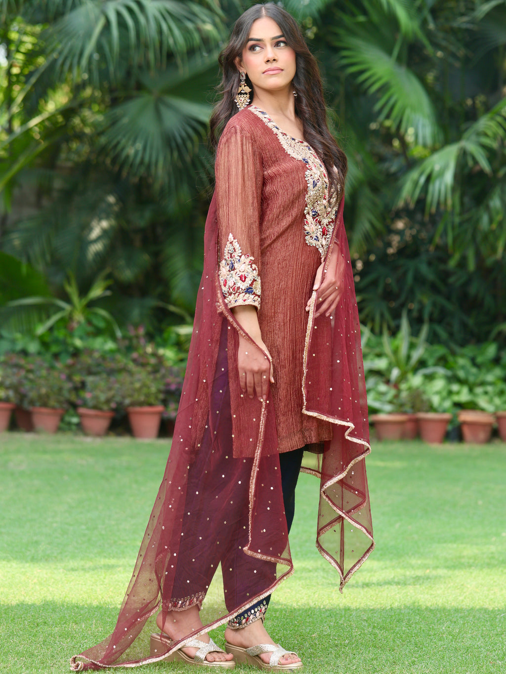 Sehr | Maroon Crushed Tissue Kurta Set