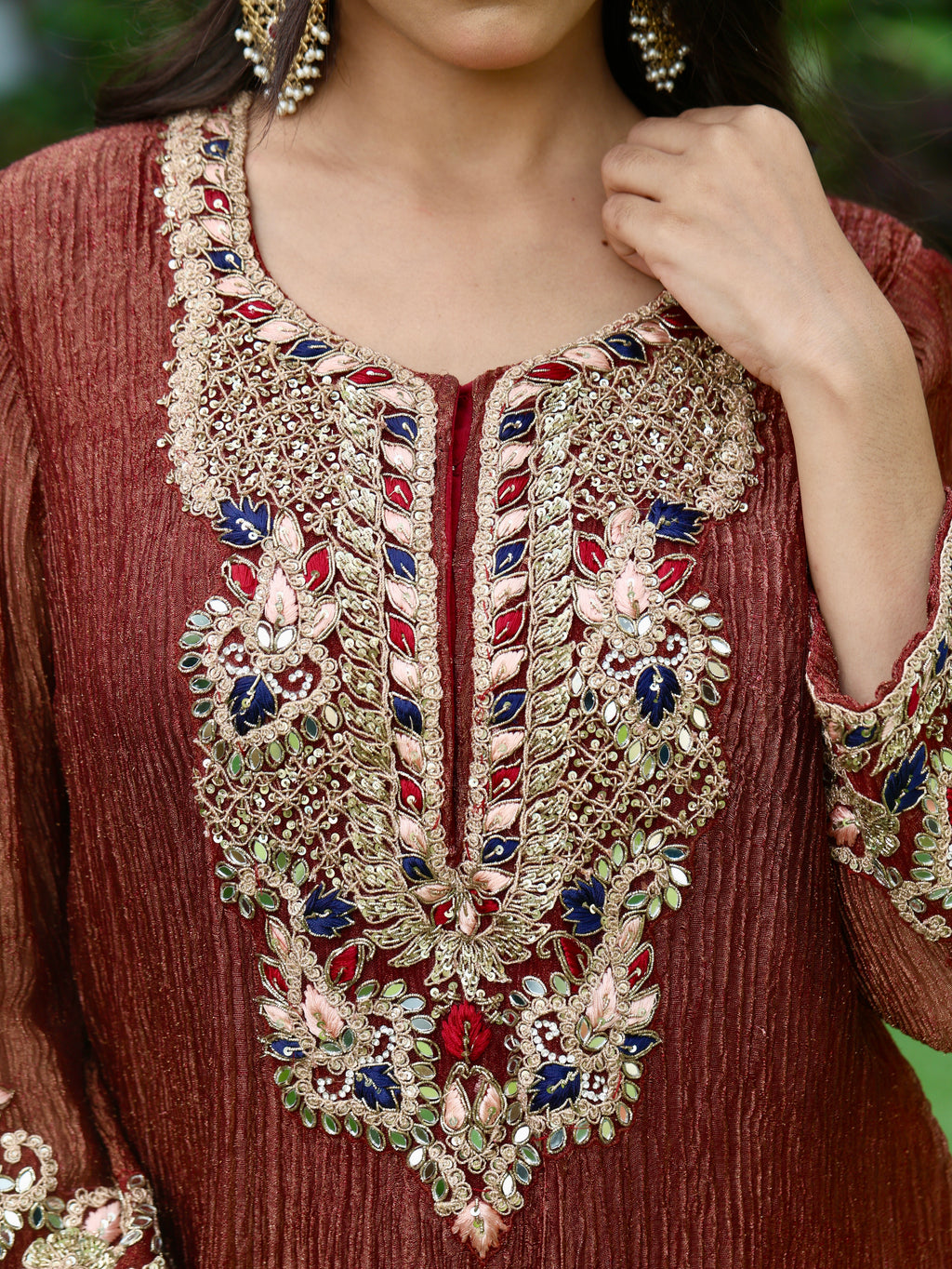 Sehr | Maroon Crushed Tissue Kurta Set
