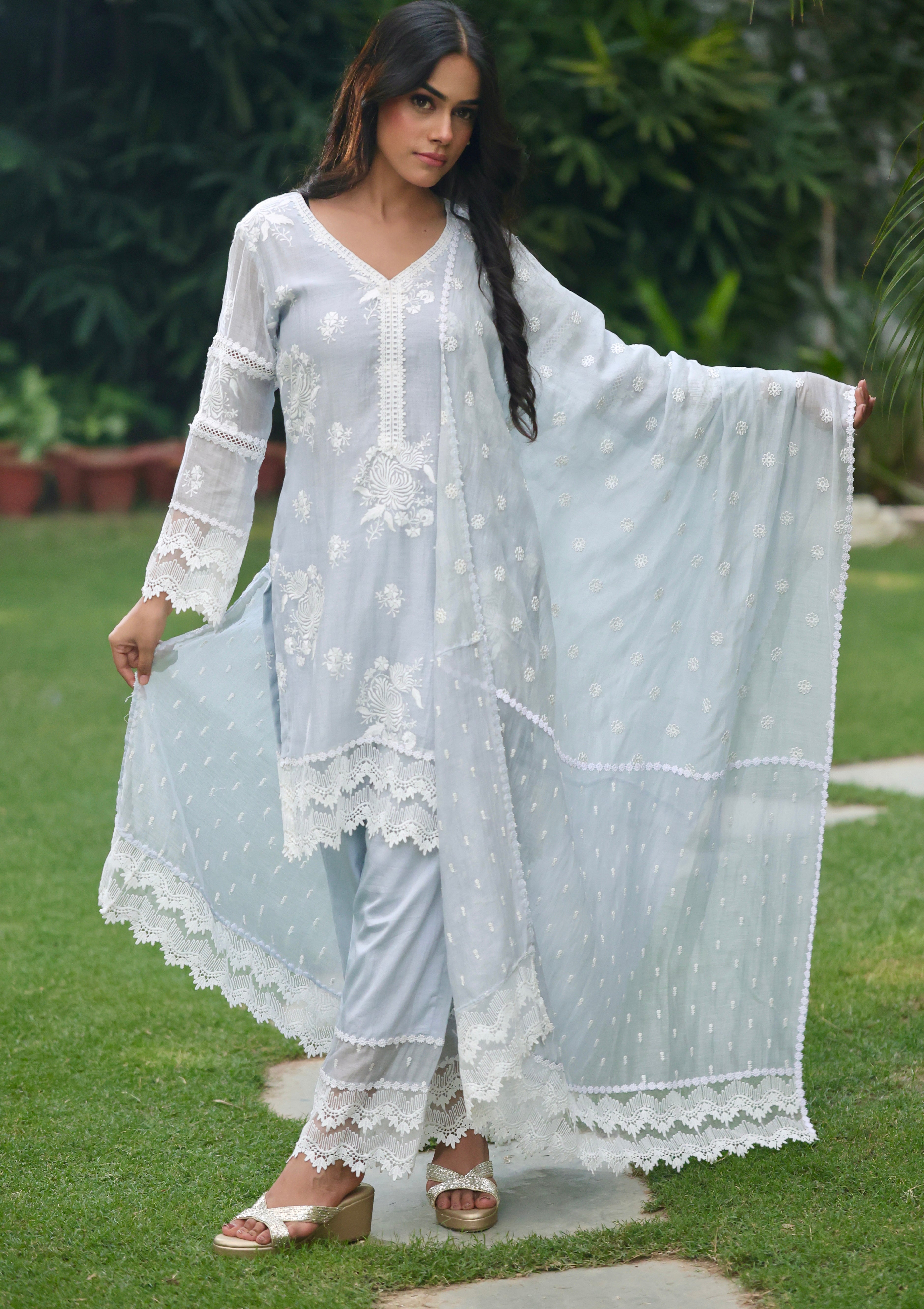 Naaz | Sky Blue Mul Chanderi Kurta Set
