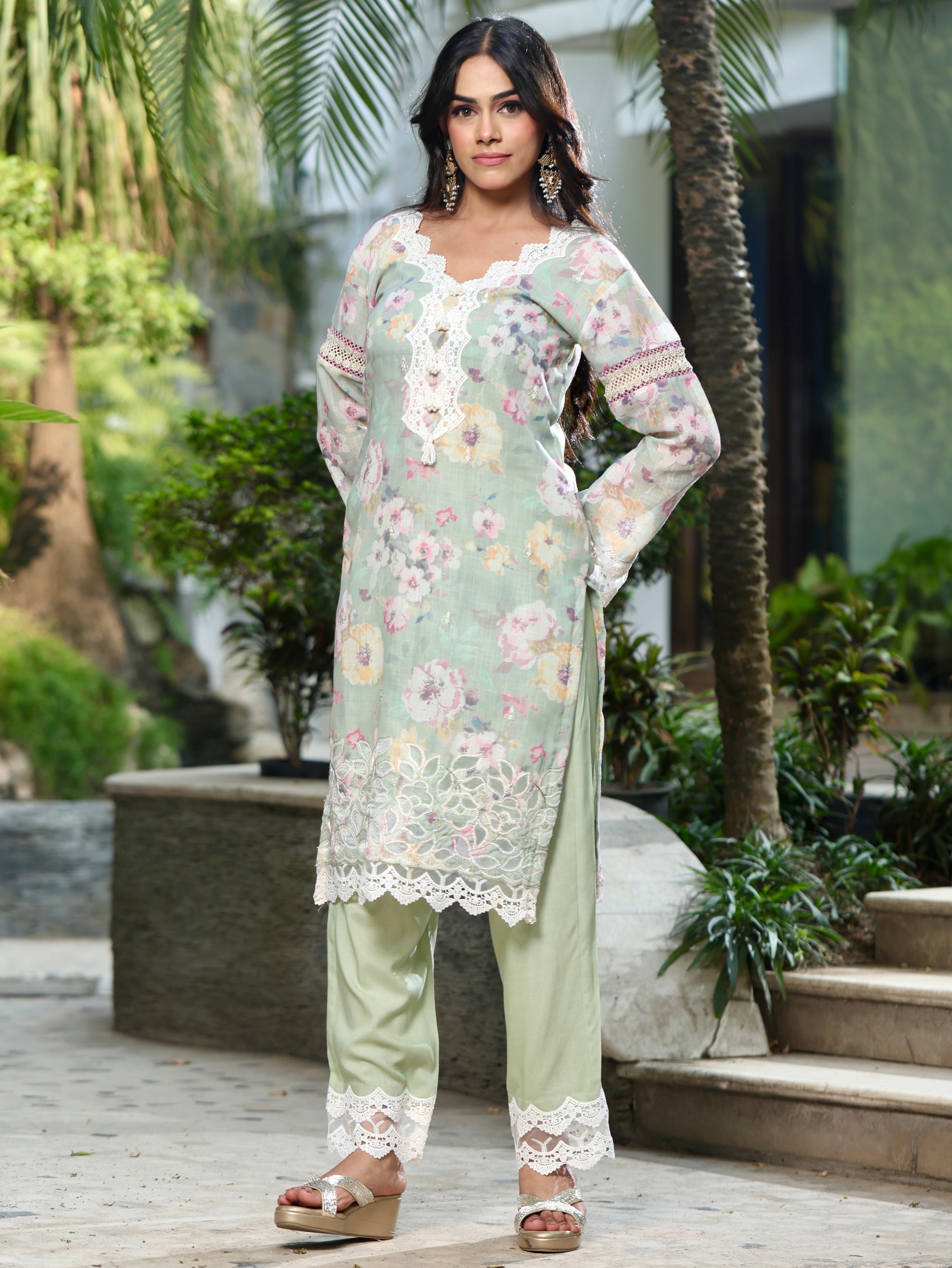 Noorain | Green Floral Printed Cotton Kurta Set